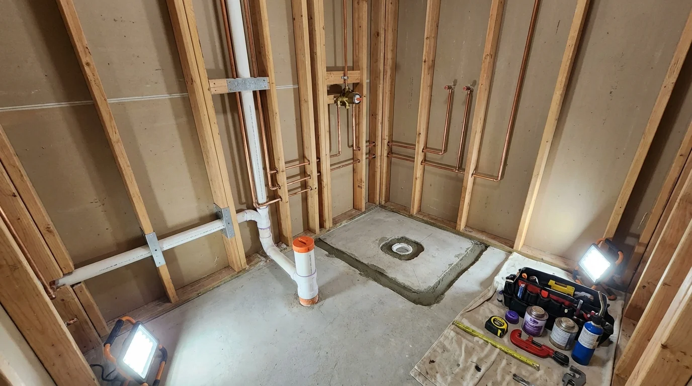 Bathroom rough-in plumbing during remodel by Johns Plumbing LLC in Concordia