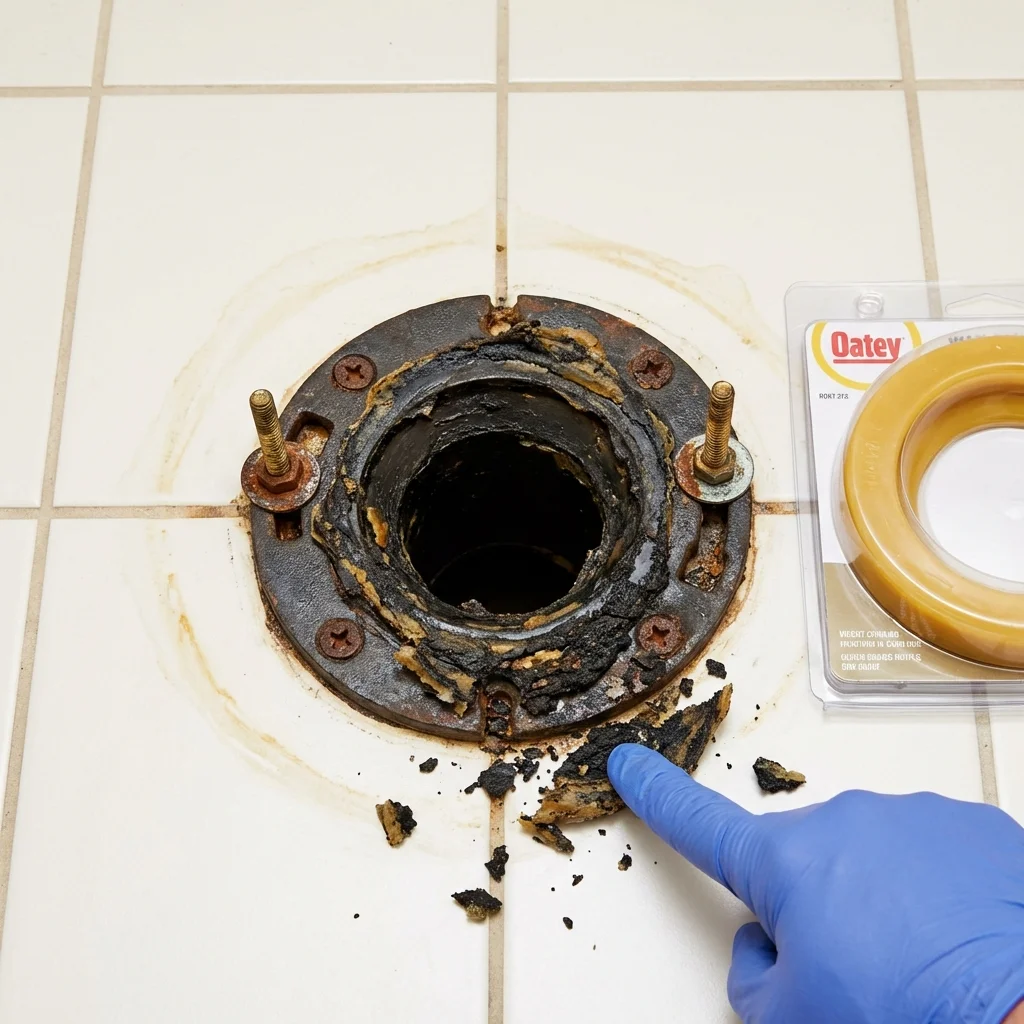 Failed wax ring showing water seepage at the base of a toilet in a Concordia, KS home