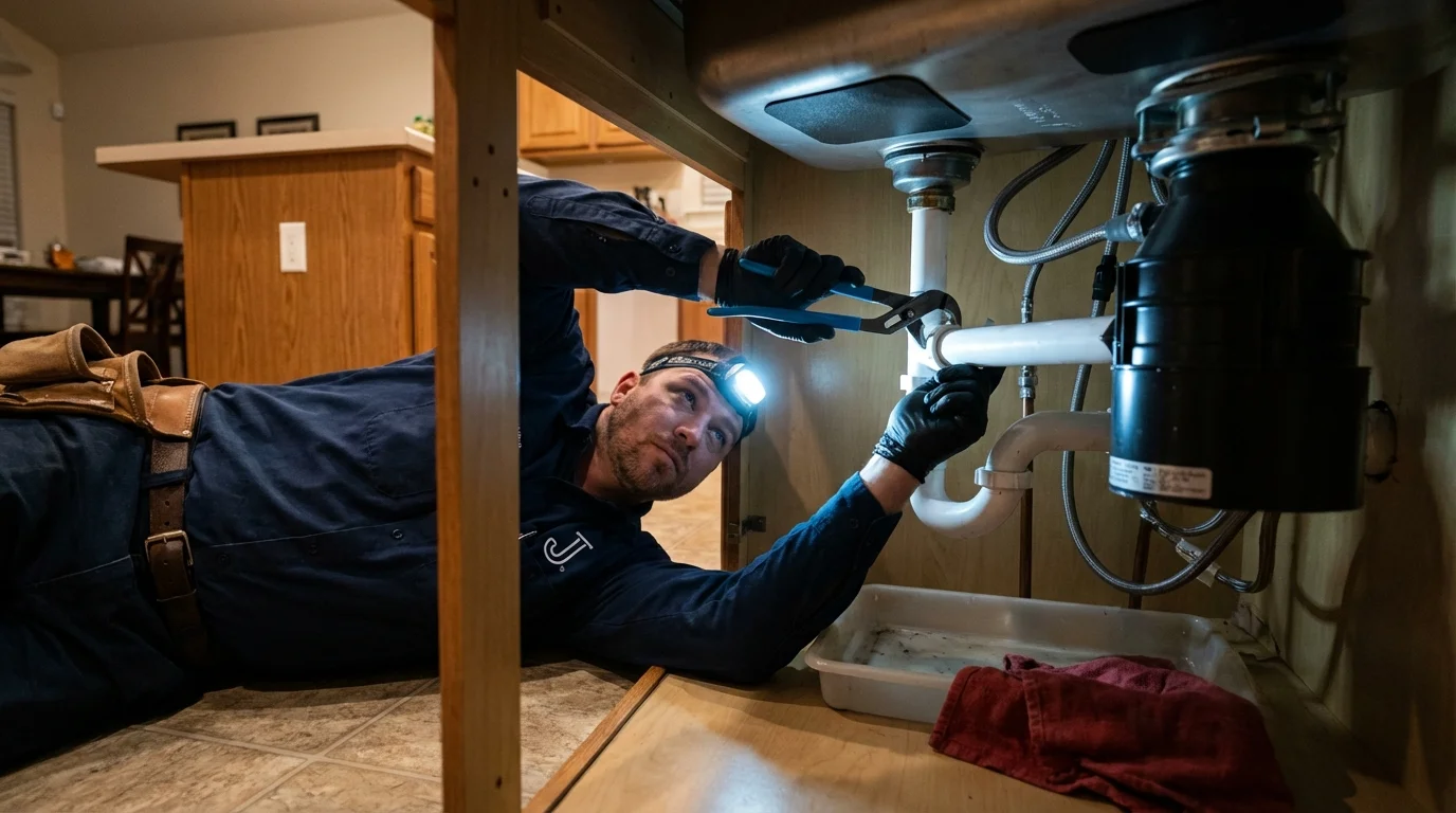 P-trap and supply line connections under a kitchen sink showing a common leak point in Concordia, KS